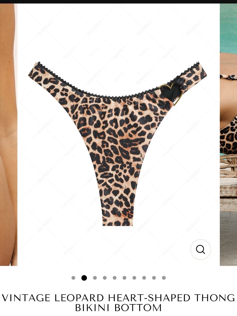 Leopard Print Heart-Accent Thong Bikini Bottom - Brown Leopard